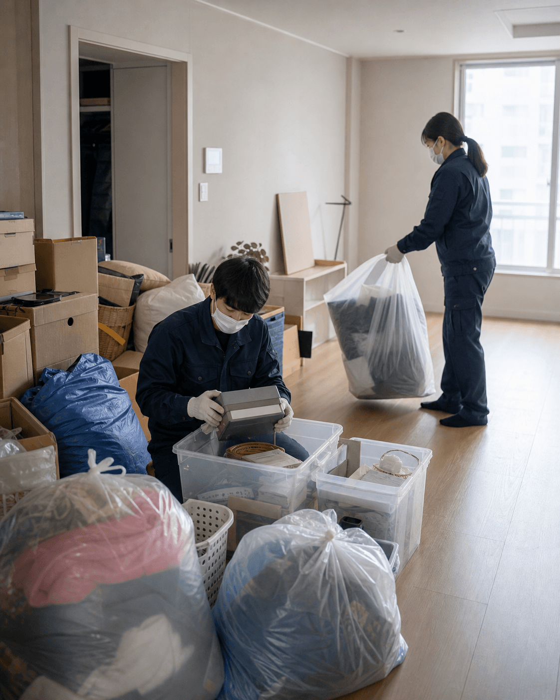 전문 작업자가 주거공간의 물품을 분류하고 폐기물을 반출하는 쓰레기집청소 작업 이미지